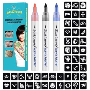 ACCloud Temporary Tattoo Markers for Skin, 3 Body Markers + 63 Tattoo Stencils Kit for Women Kids, Flexible Brush Tip, Bright colors, Skin Safe for Body & All Artists ACCloud Temporary Tattoo Markers for Skin, 3 Body Markers + 63 Tattoo Stencils Kit for Women Kids, Flexible Brush Tip, Bright colors, Skin Safe for Body & All Artists