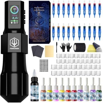 POSEIDON Tattoo Gun Kit Pen with 20Pcs Needles Cartridge and Wireless Power, Pen Kit with Digital LED Display, Tattoo Machine Tattoo Supplies for Artist POSEIDON Tattoo Gun Kit Pen with 20Pcs Needles Cartridge and Wireless Power, Pen Kit with Digital LED Display, Tattoo Machine Tattoo Supplies for Artist