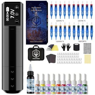 POSEIDON Wireless Rotary Tattoo Machine Kit with 20 Tattoo Cartridge Needles & Ink Set Professional Portable Tattoo Gun for Beginners Complete Starter Supplies (HM125) POSEIDON Wireless Rotary Tattoo Machine Kit with 20 Tattoo Cartridge Needles & Ink Set Professional Portable Tattoo Gun for Beginners Complete Starter Supplies (HM125)