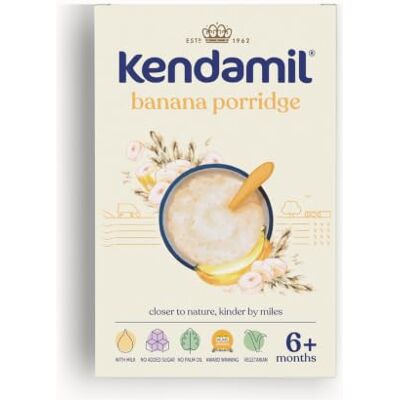 Kendamil Banana Baby Porridge (4+ Months) – First Stage Baby Weaning Porridge – Easy Just Add Water Real Fruit Cereal, No Added Sugar – 7x150g (approx. 50 Servings) Kendamil Banana Baby Porridge (4+ Months) – First Stage Baby Weaning Porridge – Easy Just Add Water Real Fruit Cereal, No Added Sugar – 7x150g (approx. 50 Servings)