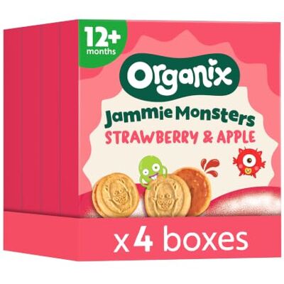 Organix Jammie Monsters Strawberry & Apple Kids Snacks 8x8g 36 months+ Multipack, Organic Snack Biscuits for Children 3+ Years, No Added Sugar, Vegetarian & Vegan Friendly Organix Jammie Monsters Strawberry & Apple Kids Snacks 8x8g 36 months+ Multipack, Organic Snack Biscuits for Children 3+ Years, No Added Sugar, Vegetarian & Vegan Friendly