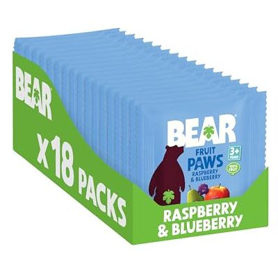 BEAR Fruit Paws Raspberry & Blueberry (Pack of 18) – 100% Fruit, No Added Sugar, Ideal lunchbox snack for kids or On‑the‑Go BEAR Fruit Paws Raspberry & Blueberry (Pack of 18) – 100% Fruit, No Added Sugar, Ideal lunchbox snack for kids or On‑the‑Go