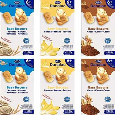 Danalac Baby Biscuits 120g Combo Snack Pack 2 Banana, 2 Cocoa, 2 Natural Plain Snacks and Food for Toddlers 6+ Months with Calcium, Iron and Vitamins, 120 g (Pack of 6) Danalac Baby Biscuits 120g Combo Snack Pack 2 Banana, 2 Cocoa, 2 Natural Plain Snacks and Food for Toddlers 6+ Months with Calcium, Iron and Vitamins, 120 g (Pack of 6)