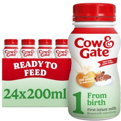 Cow & Gate 1 First Infant Baby Milk Ready to Use Liquid Formula, from Birth, 4x200ml (Pack of 6, Total 24 Bottles) (Packaging may vary) Ready to use baby milk formula liquid Cow & Gate 1 First Infant Baby Milk Ready to Use Liquid Formula, from Birth, 4x200ml (Pack of 6, Total 24 Bottles) (Packaging may vary) Ready to use baby milk formula liquid