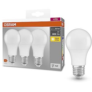 OSRAM Base Classic A 60 FR Led Lamp with E27 Base, Bulb Shape, Triple Pack, 8.5W, 806Lm, 2700K, Warm White Light, Low Heat Output, Very Low Energy Consumption, Long Life OSRAM Base Classic A 60 FR Led Lamp with E27 Base, Bulb Shape, Triple Pack, 8.5W, 806Lm, 2700K, Warm White Light, Low Heat Output, Very Low Energy Consumption, Long Life