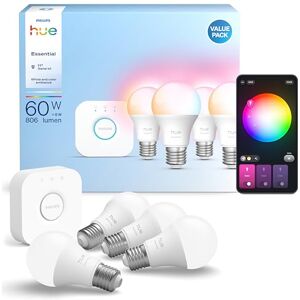 Philips Essential Starter Kit: Bridge + 4 Essential E27 Smart Bulbs, White and Color Ambiance, 2200K-6500K, Dimmable, Works with Alexa, Google Assistant, Samsung SmartThings, Apple Home Philips Essential Starter Kit: Bridge + 4 Essential E27 Smart Bulbs, White and Color Ambiance, 2200K-6500K, Dimmable, Works with Alexa, Google Assistant, Samsung SmartThings, Apple Home