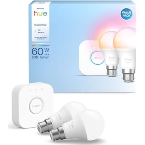Philips Starter Kit: Bridge + 2 Essential B22 Smart Bulbs, White and Color Ambiance, 2200K-6500K, Dimmable, Works with Alexa, Google Assistant, Samsung SmartThings, Apple Home Philips Starter Kit: Bridge + 2 Essential B22 Smart Bulbs, White and Color Ambiance, 2200K-6500K, Dimmable, Works with Alexa, Google Assistant, Samsung SmartThings, Apple Home