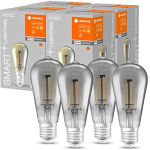 LEDVANCE Smart LED Bulb with WiFi Technology, E27, Dimmable, Warm White (2500K), Edison Shape, Clear Filament in Smoked Glass, Replacement for Conventional 44W Bulbs, 4-Pack LEDVANCE Smart LED Bulb with WiFi Technology, E27, Dimmable, Warm White (2500K), Edison Shape, Clear Filament in Smoked Glass, Replacement for Conventional 44W Bulbs, 4-Pack