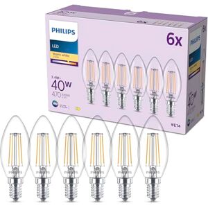 Philips LED Light Bulb, 6 Pack, B35, E14, 470 Lumens, 40W, Candle Design, Long Lifetime, Warm White Light 2700K, Clear Bulb Philips LED Light Bulb, 6 Pack, B35, E14, 470 Lumens, 40W, Candle Design, Long Lifetime, Warm White Light 2700K, Clear Bulb