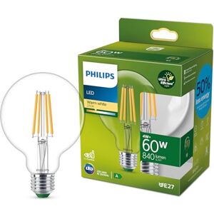 Philips Classic ultra-efficient LED bulb with energy efficiency class A, E27 base, replaces 60W, clear, warm white light, globe shape Philips Classic ultra-efficient LED bulb with energy efficiency class A, E27 base, replaces 60W, clear, warm white light, globe shape