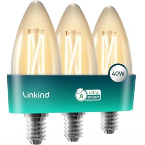 Linkind E14 LED Light Bulb, Class A SES Candle Bulb 2.2W=40W, Warm White 2700K, 470lm, Small Edison Screw C35/B35 Clear Vintage Filament Bulb, Non Dimmable, Pack of 3 Linkind E14 LED Light Bulb, Class A SES Candle Bulb 2.2W=40W, Warm White 2700K, 470lm, Small Edison Screw C35/B35 Clear Vintage Filament Bulb, Non Dimmable, Pack of 3