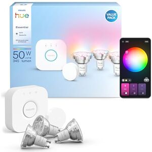 Philips Essential Starter Kit: Bridge + 3 Essential GU10 Smart Bulbs + Smart Button, White and Color Ambiance, 2200K-6500K, Dimmable, Alexa, Google Assistant, Samsung SmartThings, Apple Home Philips Essential Starter Kit: Bridge + 3 Essential GU10 Smart Bulbs + Smart Button, White and Color Ambiance, 2200K-6500K, Dimmable, Alexa, Google Assistant, Samsung SmartThings, Apple Home