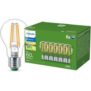 Philips Ultra Efficient LED Bulb, Energy Efficiency Class A, with E27 Socket, 60W, Clear, Warm White 2700K, 6 Pack Philips Ultra Efficient LED Bulb, Energy Efficiency Class A, with E27 Socket, 60W, Clear, Warm White 2700K, 6 Pack