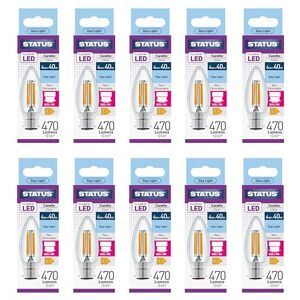 Status 4w = 40w = 470 lumens Filament LED Candle BC Clear Day Light 1 pk Box in White CDU Status 4w = 40w = 470 lumens Filament LED Candle BC Clear Day Light 1 pk Box in White CDU