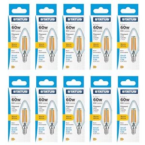Status 6.5w = 60w = 806 lumens Filament LED Candle SES Clear Warm White 1 pk Box in White CDU Status 6.5w = 60w = 806 lumens Filament LED Candle SES Clear Warm White 1 pk Box in White CDU