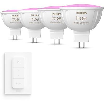Philips Value Pack GU5.3 with 4 Spotlight Bulbs (MR16) 12V White and Colored Light Includes Hue Dimmer Switch Hue White and Color Ambiance Philips Value Pack GU5.3 with 4 Spotlight Bulbs (MR16) 12V White and Colored Light Includes Hue Dimmer Switch Hue White and Color Ambiance