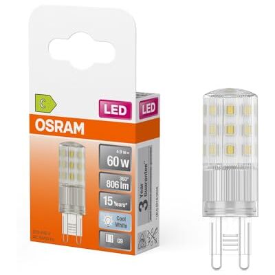 OSRAM G9 Retrofit 4.9 W/806 Lumen 4000 K Cool White Light, Non-Dimmable, IP20, Lead-Free Glass, Diameter 18 mm OSRAM G9 Retrofit 4.9 W/806 Lumen 4000 K Cool White Light, Non-Dimmable, IP20, Lead-Free Glass, Diameter 18 mm