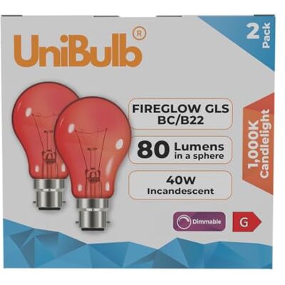 Unibulb Fireglow Red Lightbulb, 40W, GLS B22 Bayonet, 1000K Candlelight, Instant-on, Dimmable, Pack of 2 Unibulb Fireglow Red Lightbulb, 40W, GLS B22 Bayonet, 1000K Candlelight, Instant-on, Dimmable, Pack of 2