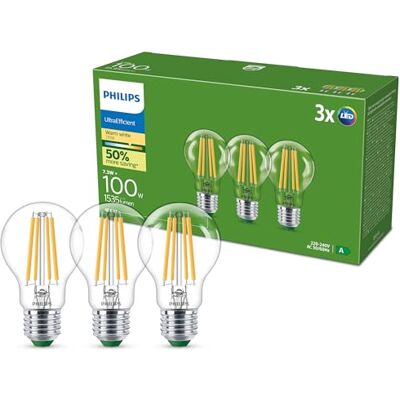 Philips UltraEfficient LED Light Bulb, 3 Pack, A60, E27, 1535 Lumens, 100W, Energy Saving, EyeComfort, Long Lifetime, Warm White Light 2700K, Classic Design, Clear Bulb Philips UltraEfficient LED Light Bulb, 3 Pack, A60, E27, 1535 Lumens, 100W, Energy Saving, EyeComfort, Long Lifetime, Warm White Light 2700K, Classic Design, Clear Bulb