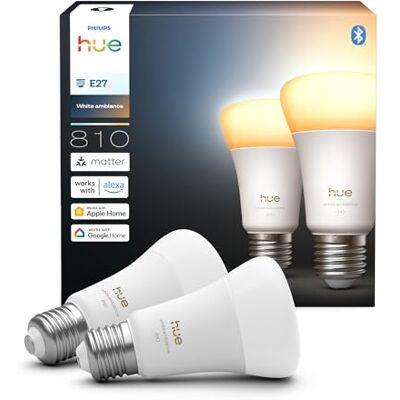 Philips A60 Light Bulbs, E27 Base, 2 Pack White Ambience, Smart LED, 6W, Full Spectrum Light 1000K-20000K, 810 Lumens, Dimmable, Bluetooth App Control, Smart Home Philips A60 Light Bulbs, E27 Base, 2 Pack White Ambience, Smart LED, 6W, Full Spectrum Light 1000K-20000K, 810 Lumens, Dimmable, Bluetooth App Control, Smart Home