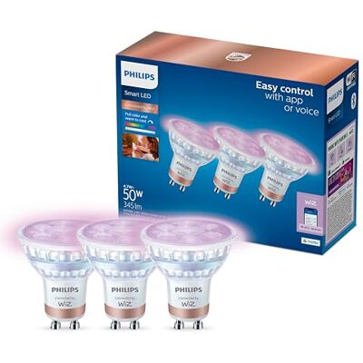 Philips , Smart LED RGB GU10 Glass Bulb, 3 Pack, 345 lm, Color and Tunable White Light 2200-6500 K, Low Dimming, Connected by WiZ, Alexa, Google Home, Apple Home Philips , Smart LED RGB GU10 Glass Bulb, 3 Pack, 345 lm, Color and Tunable White Light 2200-6500 K, Low Dimming, Connected by WiZ, Alexa, Google Home, Apple Home 