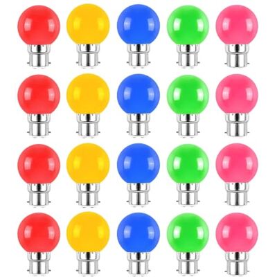 Jiotouhu 20 Pack Multi Color Light Bulb B22 Bayonet, Brightfour Decorative Festoon Bulb 2W, Small Golf Ball Bulb,red Yellow Blue Green Pink Jiotouhu 20 Pack Multi Color Light Bulb B22 Bayonet, Brightfour Decorative Festoon Bulb 2W, Small Golf Ball Bulb,red Yellow Blue Green Pink