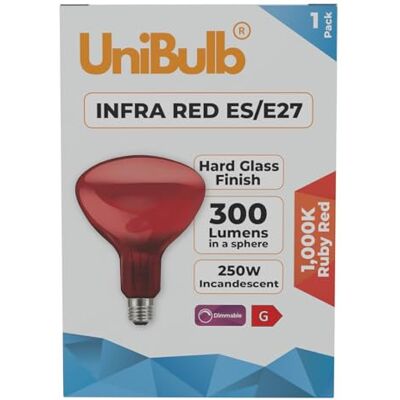 Unibulb Infra-Red Heater Lamp E27 (ES) 300 Lumens, 250W Heat Lamp Light Bulb, Ruby Red Finish, 1000k Candlelight, Hard Glass, Edison Screw, Dimmable, Box of 1 Unibulb Infra-Red Heater Lamp E27 (ES) 300 Lumens, 250W Heat Lamp Light Bulb, Ruby Red Finish, 1000k Candlelight, Hard Glass, Edison Screw, Dimmable, Box of 1