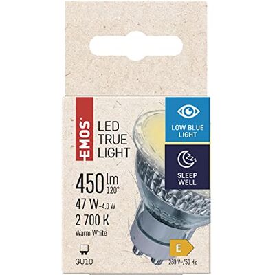 EMOS True Light MR16 Spotlight LED Light Bulb 4.8 W Replacement for 47 W Bulb GU10 Socket Brightness 450 lm Warm White 2700 K 30000 Hours Light Duration CRI Min. 94 100° Beam Angle EMOS True Light MR16 Spotlight LED Light Bulb 4.8 W Replacement for 47 W Bulb GU10 Socket Brightness 450 lm Warm White 2700 K 30000 Hours Light Duration CRI Min. 94 100° Beam Angle