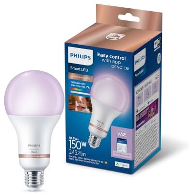 Philips Smart Lighting, Smart LED RGB A80 Bulb, E27 Base, 2452 lm, Color and Tunable White Light 2200-6500 K, Low Dimming, Connected by WiZ, Alexa, Google Home, Apple Home Philips Smart Lighting, Smart LED RGB A80 Bulb, E27 Base, 2452 lm, Color and Tunable White Light 2200-6500 K, Low Dimming, Connected by WiZ, Alexa, Google Home, Apple Home