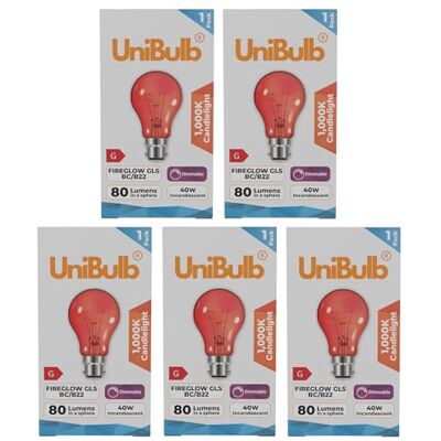 Unibulb Fireglow Red Light Bulbs, 40W, GLS BC B22 Bayonet, 1000K Candlelight, Dimmable (5) Unibulb Fireglow Red Light Bulbs, 40W, GLS BC B22 Bayonet, 1000K Candlelight, Dimmable (5)
