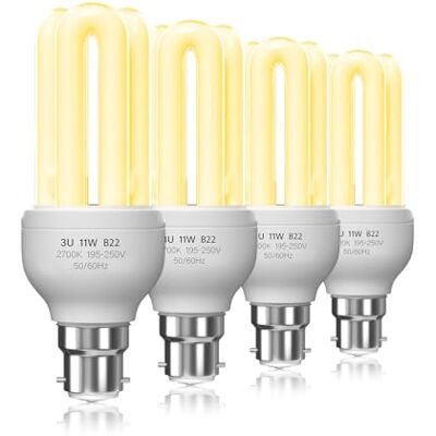 BrightArk Energy Saving Bulbs 11W Bayonet B22 Warm White 2700K, CFL Low Energy Light Bulbs 11W=60W, 3U CFL Compact Fluorescent Stick Bulbs, Non-Dimmable, 4 Pack BrightArk Energy Saving Bulbs 11W Bayonet B22 Warm White 2700K, CFL Low Energy Light Bulbs 11W=60W, 3U CFL Compact Fluorescent Stick Bulbs, Non-Dimmable, 4 Pack