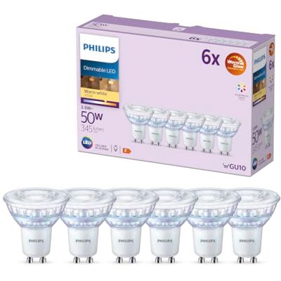 Philips GU10 LED Bulb, 6-Pack, 345 lm, 2,200–2,700 K, WarmGlow, dimmable, Long lifespan, Narrow Beam Angle, Uniform Light Distribution, Improved Visual Comfort, Glass Bulb Philips GU10 LED Bulb, 6-Pack, 345 lm, 2,200–2,700 K, WarmGlow, dimmable, Long lifespan, Narrow Beam Angle, Uniform Light Distribution, Improved Visual Comfort, Glass Bulb