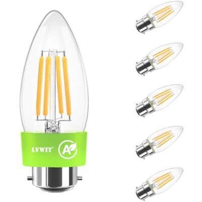 LVWIT B22 Candle Bulb,Ultra-Efficient Light Bulb,40W Bayonet Light Bulbs,2.2W Energy Saving Candle Bulbs, A-Class Warm White Light Bulbs Bayonet,470LM,2700K,Non Dimmable (6PCS,Clear) LVWIT B22 Candle Bulb,Ultra-Efficient Light Bulb,40W Bayonet Light Bulbs,2.2W Energy Saving Candle Bulbs, A-Class Warm White Light Bulbs Bayonet,470LM,2700K,Non Dimmable (6PCS,Clear)
