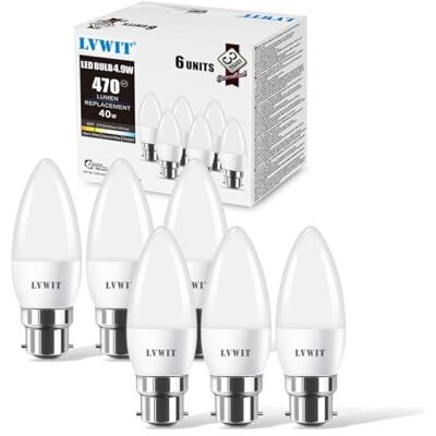 LVWIT B22 Candle Bulb,C37 Bayonet Candle Light Bulb 40W Equivalent, 4.9W,470Lm,2700K Warm White Candle Bulbs Bayonet,Energy Saving Chandelier Lightbulbs,Non-Dimmable (Pack of 6) LVWIT B22 Candle Bulb,C37 Bayonet Candle Light Bulb 40W Equivalent, 4.9W,470Lm,2700K Warm White Candle Bulbs Bayonet,Energy Saving Chandelier Lightbulbs,Non-Dimmable (Pack of 6)