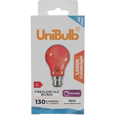 Unibulb Fireglow Red Light Bulb, 60W, GLS B22 Bayonet, 130 Lumens, 1000K Candlelight, Dimmable, Pack of 1 Unibulb Fireglow Red Light Bulb, 60W, GLS B22 Bayonet, 130 Lumens, 1000K Candlelight, Dimmable, Pack of 1