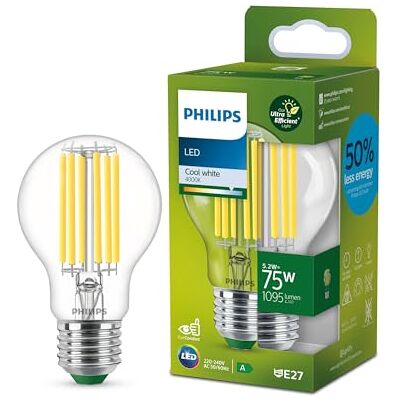 Philips Ultra Efficient Ultra energy saving lights, LED light source, 75W, A60, E27, Cool White 4000 kelvin, clear Philips Ultra Efficient Ultra energy saving lights, LED light source, 75W, A60, E27, Cool White 4000 kelvin, clear