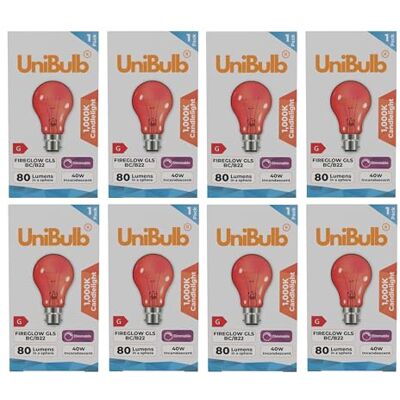 Unibulb Fireglow Red Light Bulbs, 40W, GLS BC B22 Bayonet, 1000K Candlelight, Dimmable (8) Unibulb Fireglow Red Light Bulbs, 40W, GLS BC B22 Bayonet, 1000K Candlelight, Dimmable (8)