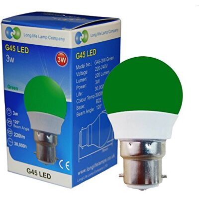 Long Life Lamp Company 3W Green LED Golf Ball B22 Bayonet Cap with New Technology Mini Globe Golfball Long Life Lamp Company 3W Green LED Golf Ball B22 Bayonet Cap with New Technology Mini Globe Golfball