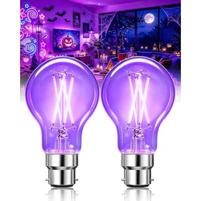 Lamptobe Dimmable A60 B22 6W UV Light Bulbs 2-Pack, UVA Level 385-400nm Black Light Replace Up to 50W, 230V B22 Base UV Bulbs, Glow in The Dark for Halloween, Body Pain, Blacklights Party Lamptobe Dimmable A60 B22 6W UV Light Bulbs 2-Pack, UVA Level 385-400nm Black Light Replace Up to 50W, 230V B22 Base UV Bulbs, Glow in The Dark for Halloween, Body Pain, Blacklights Party