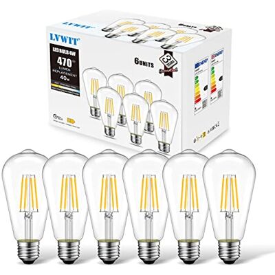 LVWIT 4W Edison Screw Bulb,E27 Vintage Light Bulbs 40W Equivalent,470LM,2700K Warm White E27 GLS Bulb,ST64 Squirrel Cage Bulbs,220-240v,Non-dimmable (6 PCS) LVWIT 4W Edison Screw Bulb,E27 Vintage Light Bulbs 40W Equivalent,470LM,2700K Warm White E27 GLS Bulb,ST64 Squirrel Cage Bulbs,220-240v,Non-dimmable (6 PCS)