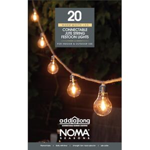 Noma Connectable Jute Rope Festoon Lights, 20 Warm White LED's, 10.6m Noma Connectable Jute Rope Festoon Lights, 20 Warm White LED's, 10.6m