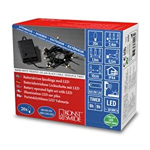 Konstsmide 3722-130 LED Fairy Lights with On/Off Switch, with Light Sensor and 6h and 9h Timer, Frosted, 20 Warm White Diodes, Battery Operated, Outdoor (IP44), Black Cable Konstsmide 3722-130 LED Fairy Lights with On/Off Switch, with Light Sensor and 6h and 9h Timer, Frosted, 20 Warm White Diodes, Battery Operated, Outdoor (IP44), Black Cable