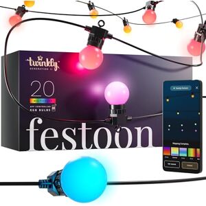 Twinkly Festoon 20 LED RGB, Light Chain with 20 LED Bulbs, Multicolor RGB Outdoor and Indoor Lights, Compatible with Alexa, Google Home, Gaming Lights, IP44, Controlled by App, Black Cable, 10m Twinkly Festoon 20 LED RGB, Light Chain with 20 LED Bulbs, Multicolor RGB Outdoor and Indoor Lights, Compatible with Alexa, Google Home, Gaming Lights, IP44, Controlled by App, Black Cable, 10m
