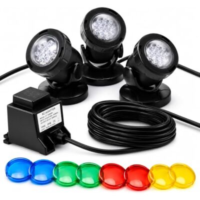 Jebao Set of 3 12v LED Underwater Pond Lighting with Colour Lenses x 12 IP68 waterproof LED pond lights for underwater or outdoor garden lighting. Jebao Set of 3 12v LED Underwater Pond Lighting with Colour Lenses x 12 IP68 waterproof LED pond lights for underwater or outdoor garden lighting.