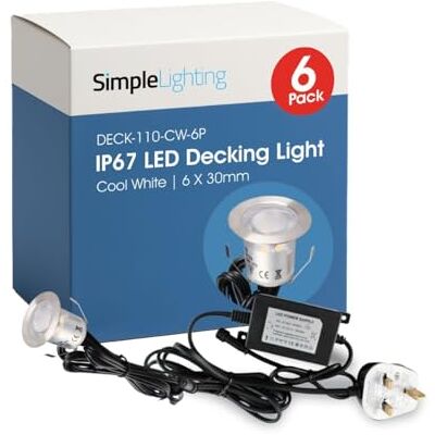Simple Lighting ® Pack of 6 LED Decking Lights 30mm IP67 Waterproof Cool White Complete Deck Lighting Kit with 12V Driver Stainless Steel Outdoor Garden 2 Year Warranty Simple Lighting ® Pack of 6 LED Decking Lights 30mm IP67 Waterproof Cool White Complete Deck Lighting Kit with 12V Driver Stainless Steel Outdoor Garden 2 Year Warranty