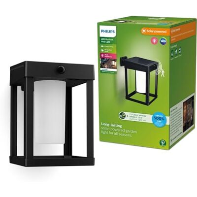 Philips Lighting Camill UltraEfficient Outdoor Solar wall Light, Square, 1.4W, 3000K, Black, Clear, Motion Sensor, IP44 Weatherproof Philips Lighting Camill UltraEfficient Outdoor Solar wall Light, Square, 1.4W, 3000K, Black, Clear, Motion Sensor, IP44 Weatherproof