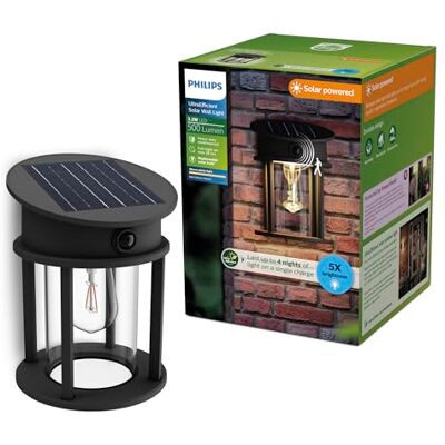 Philips Geri UltraEfficient Outdoor Solar Wall Light, Replaceable Solar Bulb, Motion Sensor, 2700K, Round, Black Philips Geri UltraEfficient Outdoor Solar Wall Light, Replaceable Solar Bulb, Motion Sensor, 2700K, Round, Black
