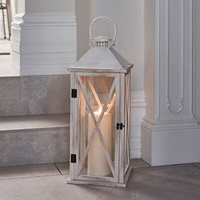 Lights4fun Large White Wooden Battery Operated LED TruGlow® Candle Lantern with Handle 59cm Lights4fun Large White Wooden Battery Operated LED TruGlow® Candle Lantern with Handle 59cm