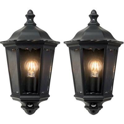 firstchoicelighting Set of 2 Sienna Black IP44 Half Lantern Wall Lights with PIR Sensor firstchoicelighting Set of 2 Sienna Black IP44 Half Lantern Wall Lights with PIR Sensor