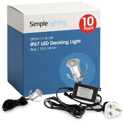 Simple Lighting ® Pack of 10 Mini Blue LED Decking Lights 18mm IP67 Waterproof Complete Kit with 12V Driver Stainless Steel Outdoor Garden Patio Hot Tub 30000 Hours 2 Year Warranty Simple Lighting ® Pack of 10 Mini Blue LED Decking Lights 18mm IP67 Waterproof Complete Kit with 12V Driver Stainless Steel Outdoor Garden Patio Hot Tub 30000 Hours 2 Year Warranty